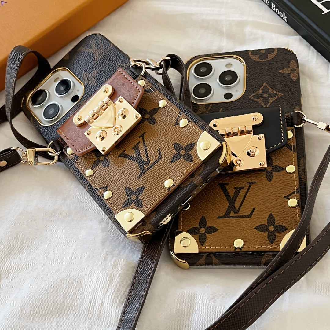 LV monogram crossbody iPhone case showing the protective back, camera opening and leather finish