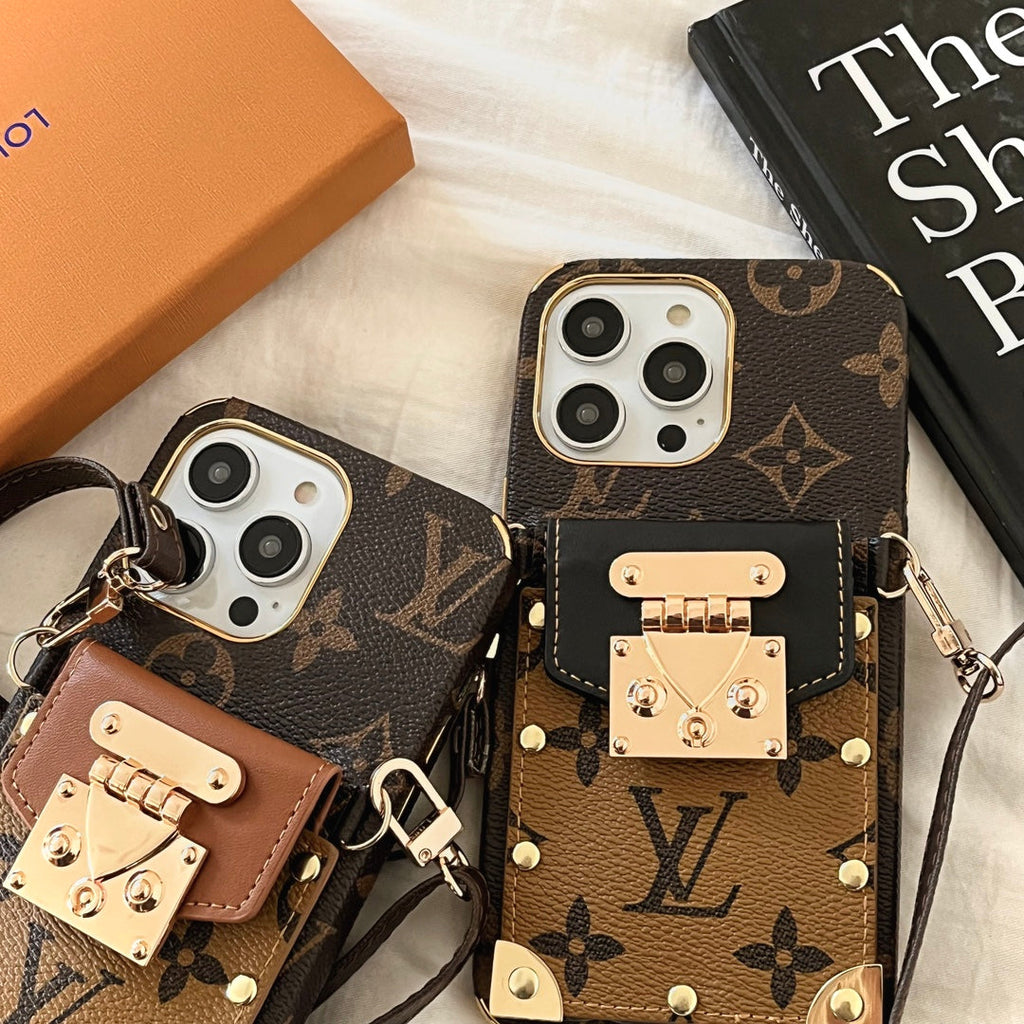 LV monogram crossbody iPhone case showing the patterned rear cover and finished corners
