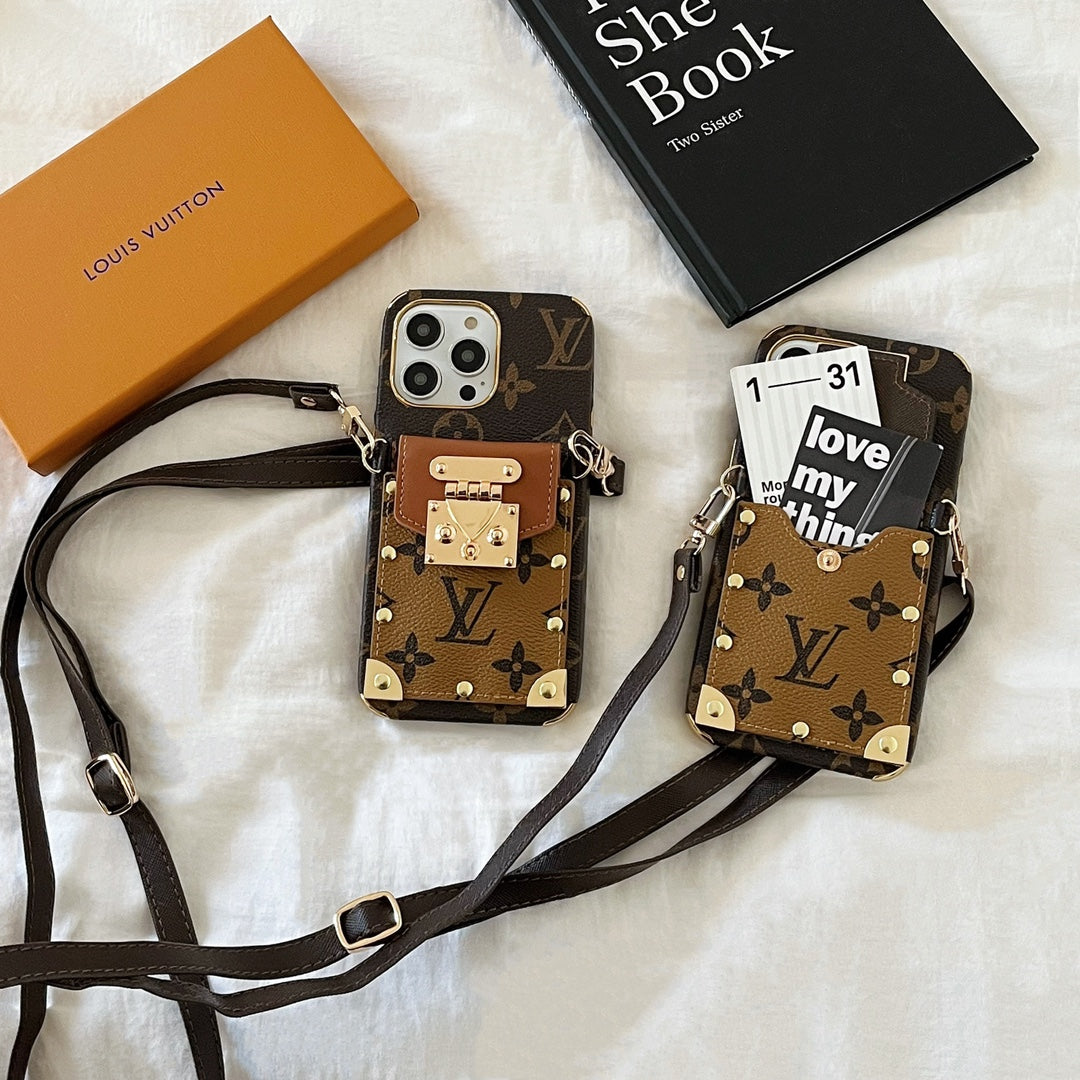 LV monogram crossbody iPhone case showing the shoulder strap and patterned protective back
