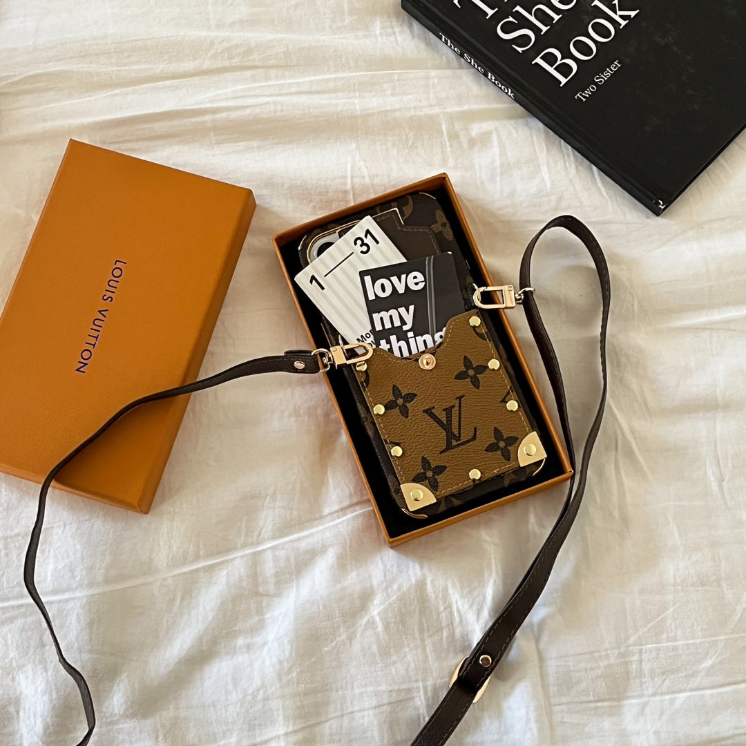 LV monogram crossbody iPhone case showing the fitted camera area and protective edges