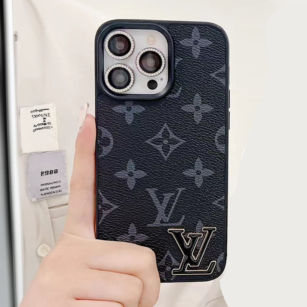 LV monogram luxury iPhone case showing the leather-patterned back and raised camera protection