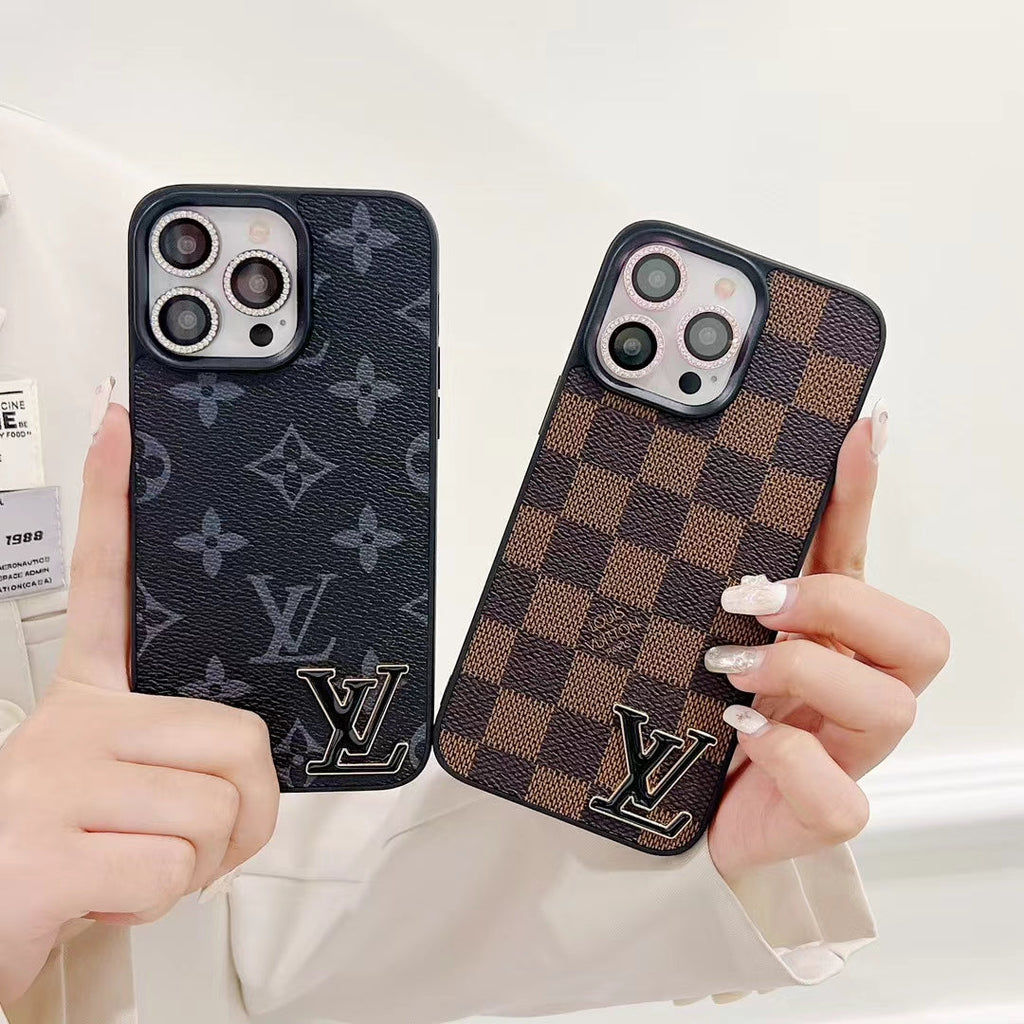 LV monogram luxury iPhone case showing the camera area, patterned back and protective corners