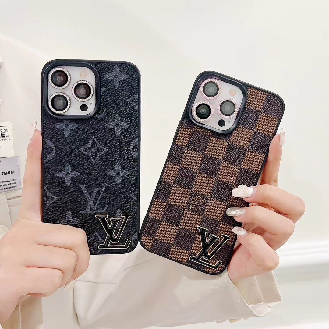 LV monogram luxury iPhone case showing the camera area, patterned back and protective corners
