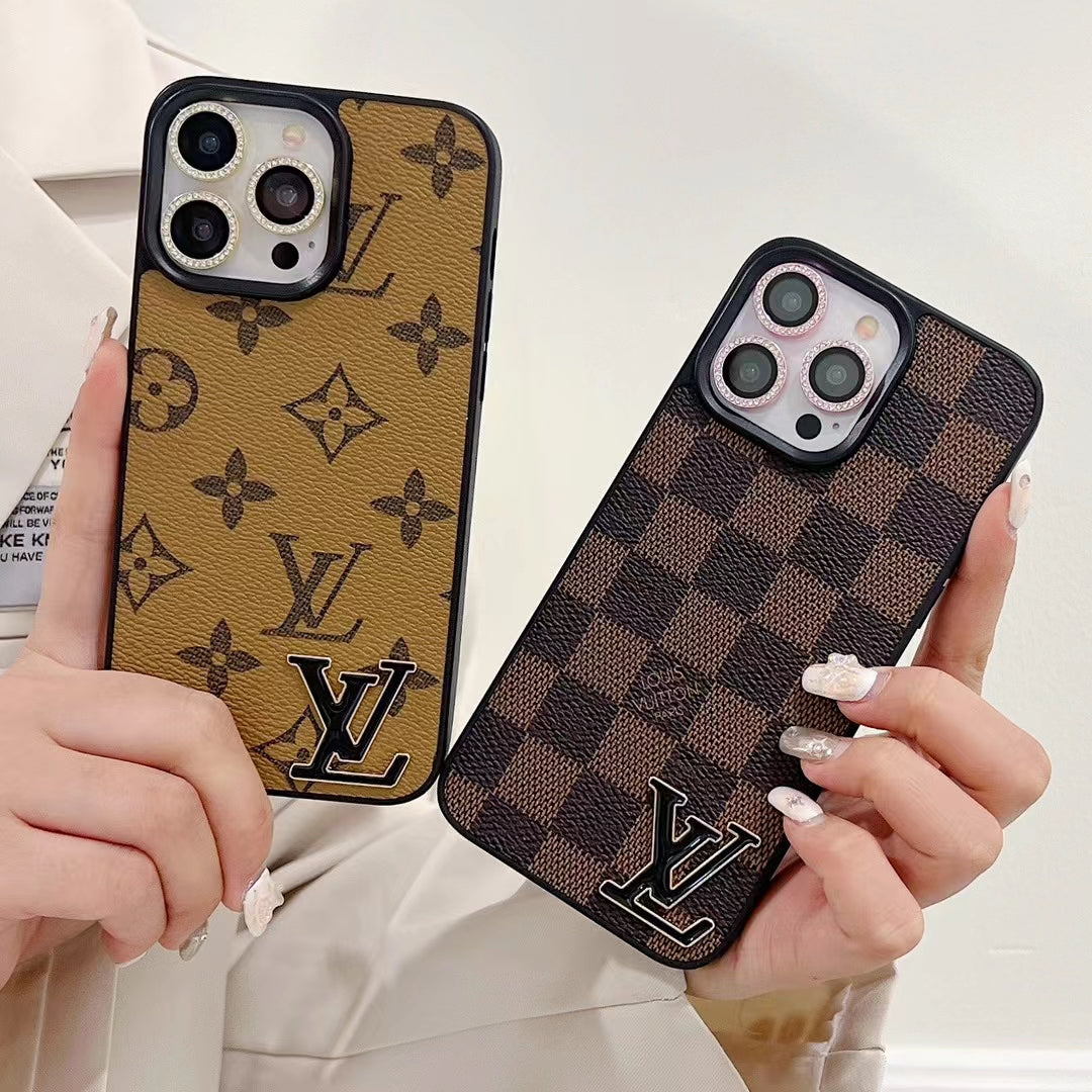 Detailed view of the LV monogram luxury iPhone case showing material texture and edge protection