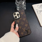 LV monogram luxury iPhone case shown from the rear with the full patterned protective cover