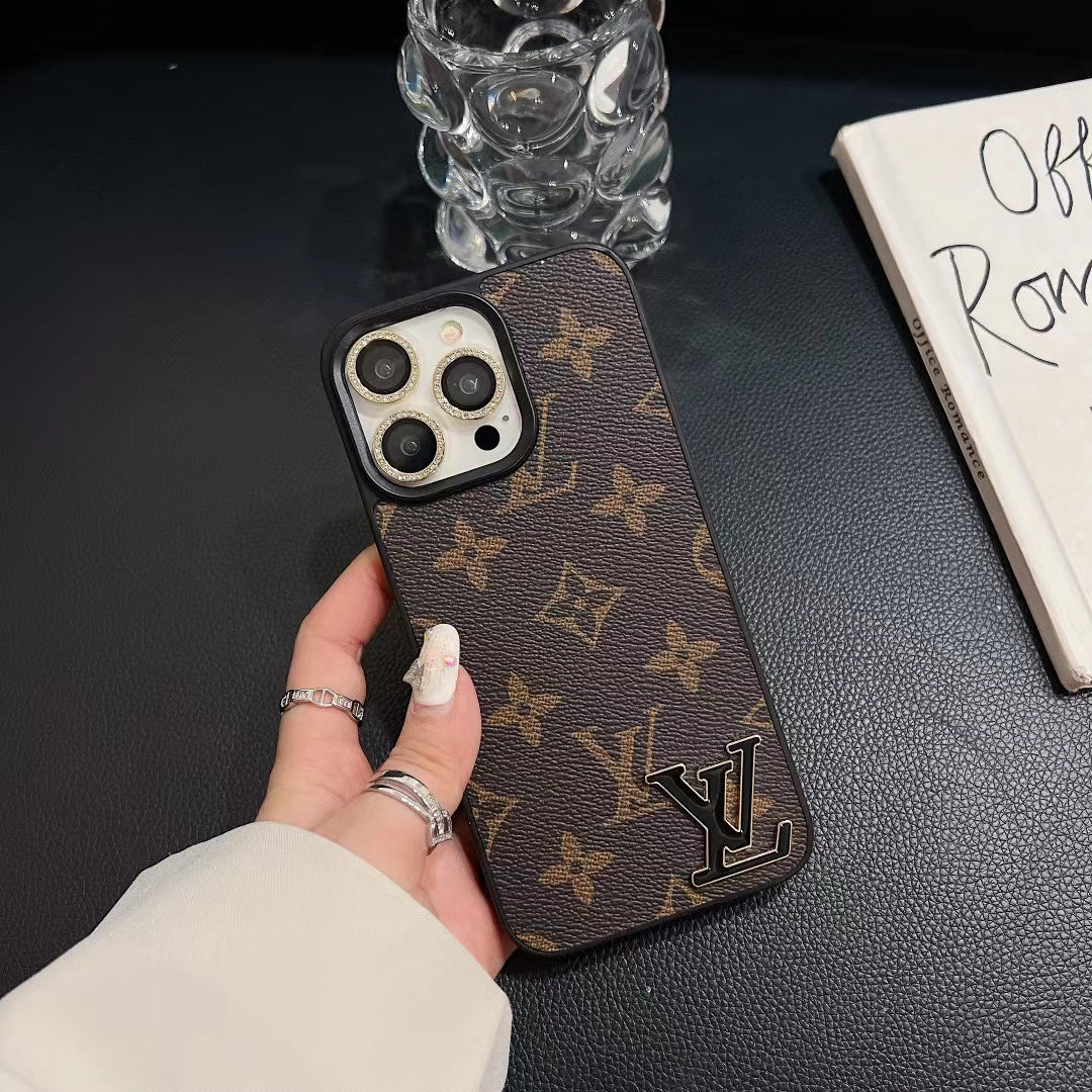 LV monogram luxury iPhone case shown from the rear with the full patterned protective cover