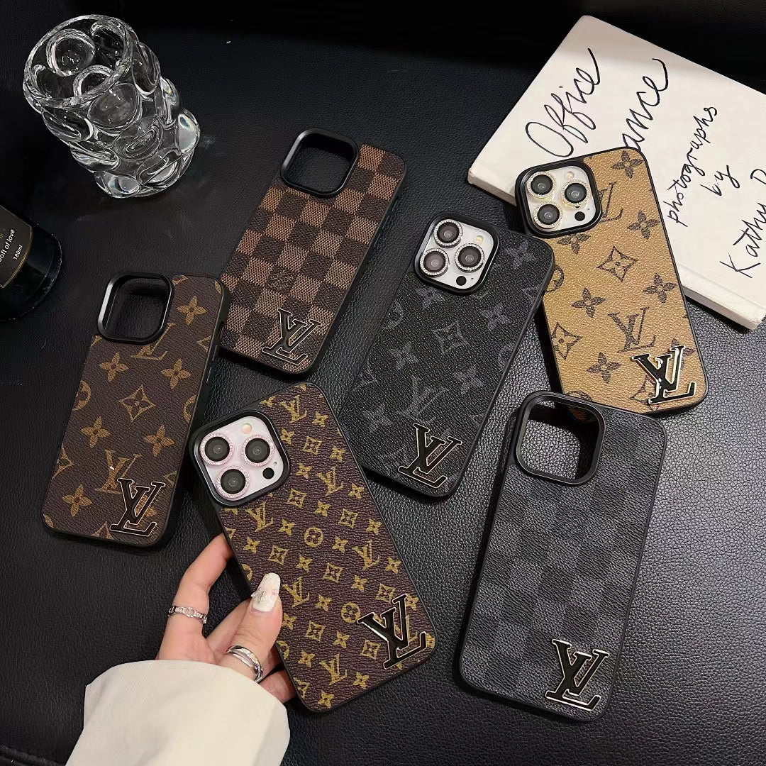 LV monogram luxury iPhone case showing the patterned rear cover and fitted camera opening