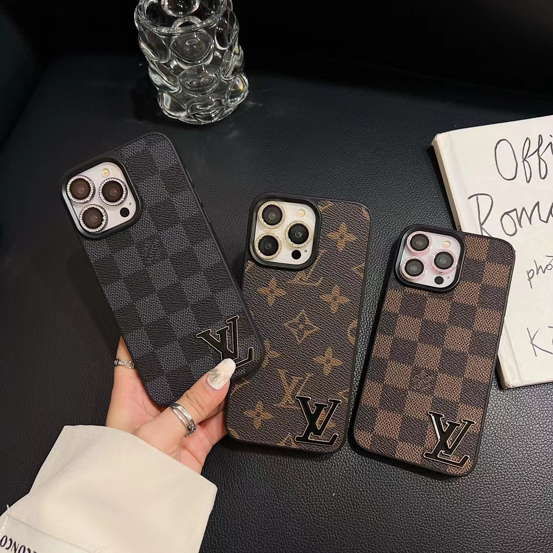 Close-up product view of the LV monogram luxury iPhone case and fitted camera surround