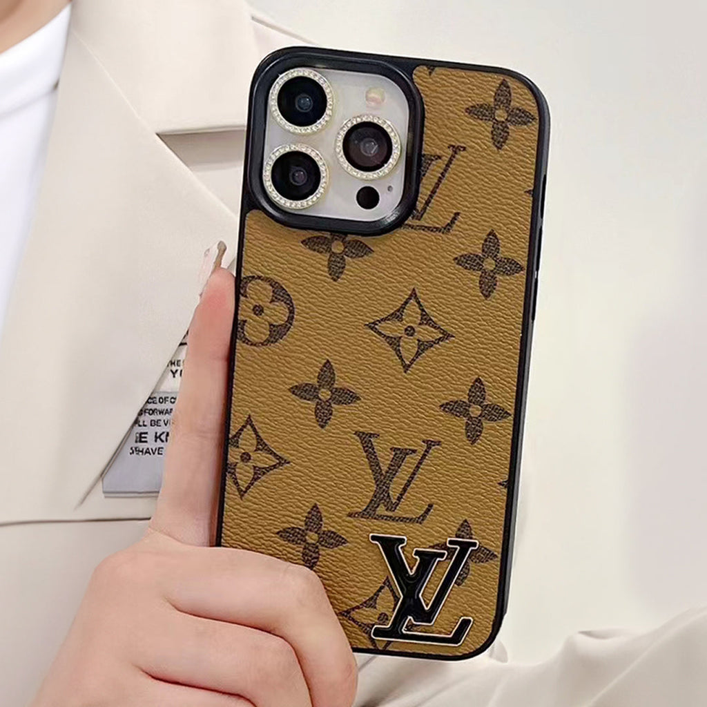 LV monogram luxury iPhone case showing the complete rear design, camera opening and fitted corners