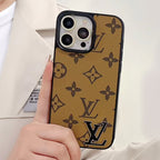 LV monogram luxury iPhone case showing the complete rear design, camera opening and fitted corners