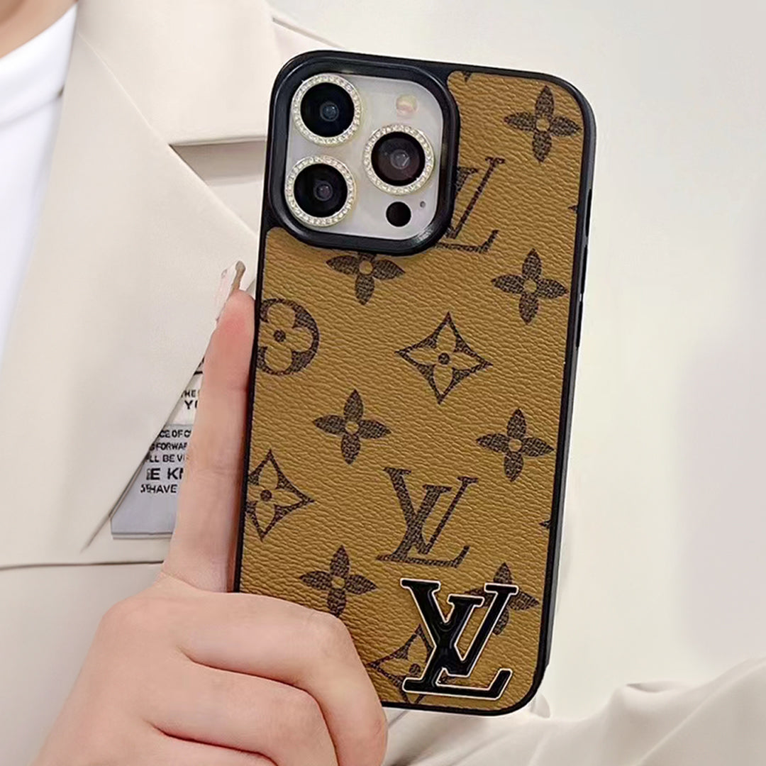 LV monogram luxury iPhone case showing the complete rear design, camera opening and fitted corners