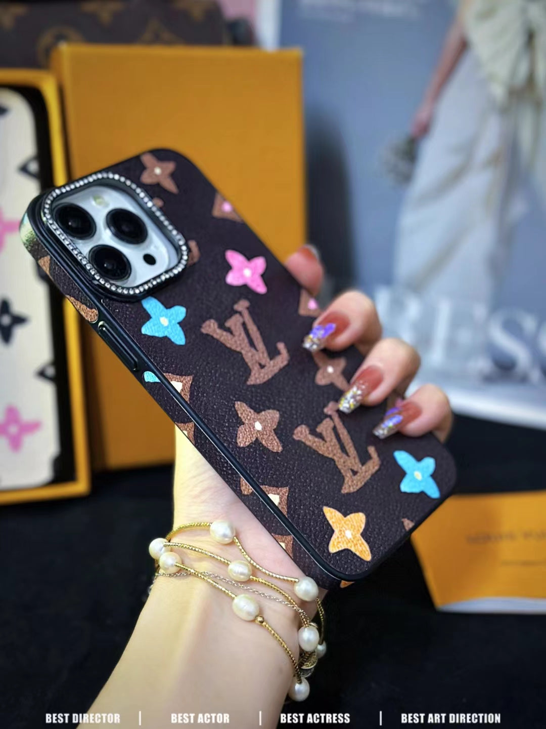 LV Monogram Rhinestone iPhone Case 12 13 14 15 16 Pro Max