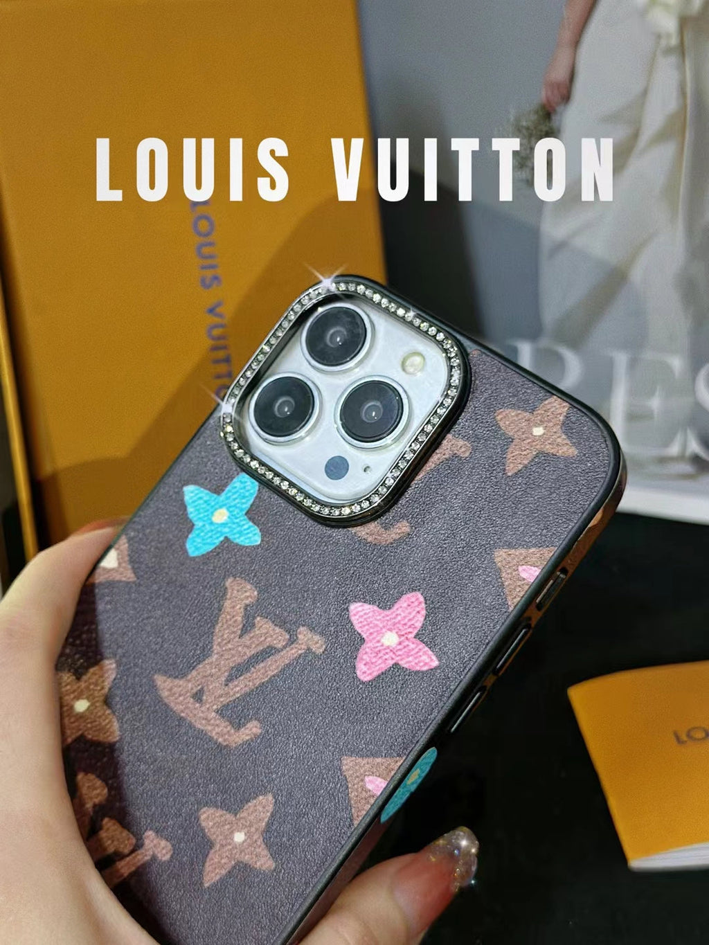 LV Monogram Rhinestone iPhone Case 12 13 14 15 16 Pro Max