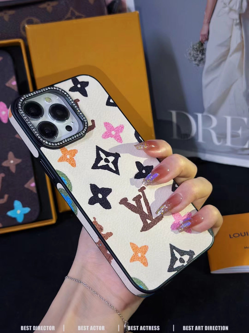 LV Monogram Rhinestone iPhone Case 12 13 14 15 16 Pro Max