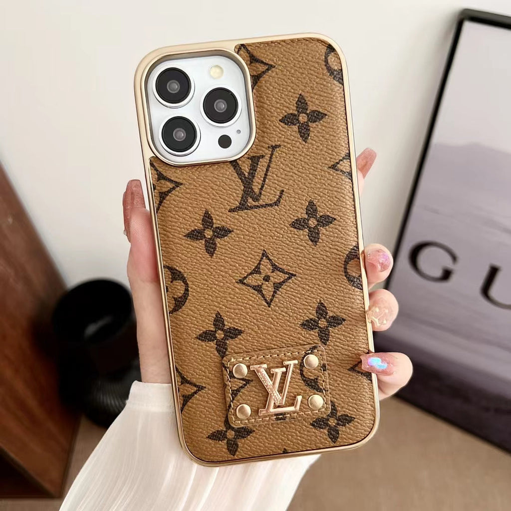 Latte electroplated iPhone case showing the light leather finish and protective rear cover