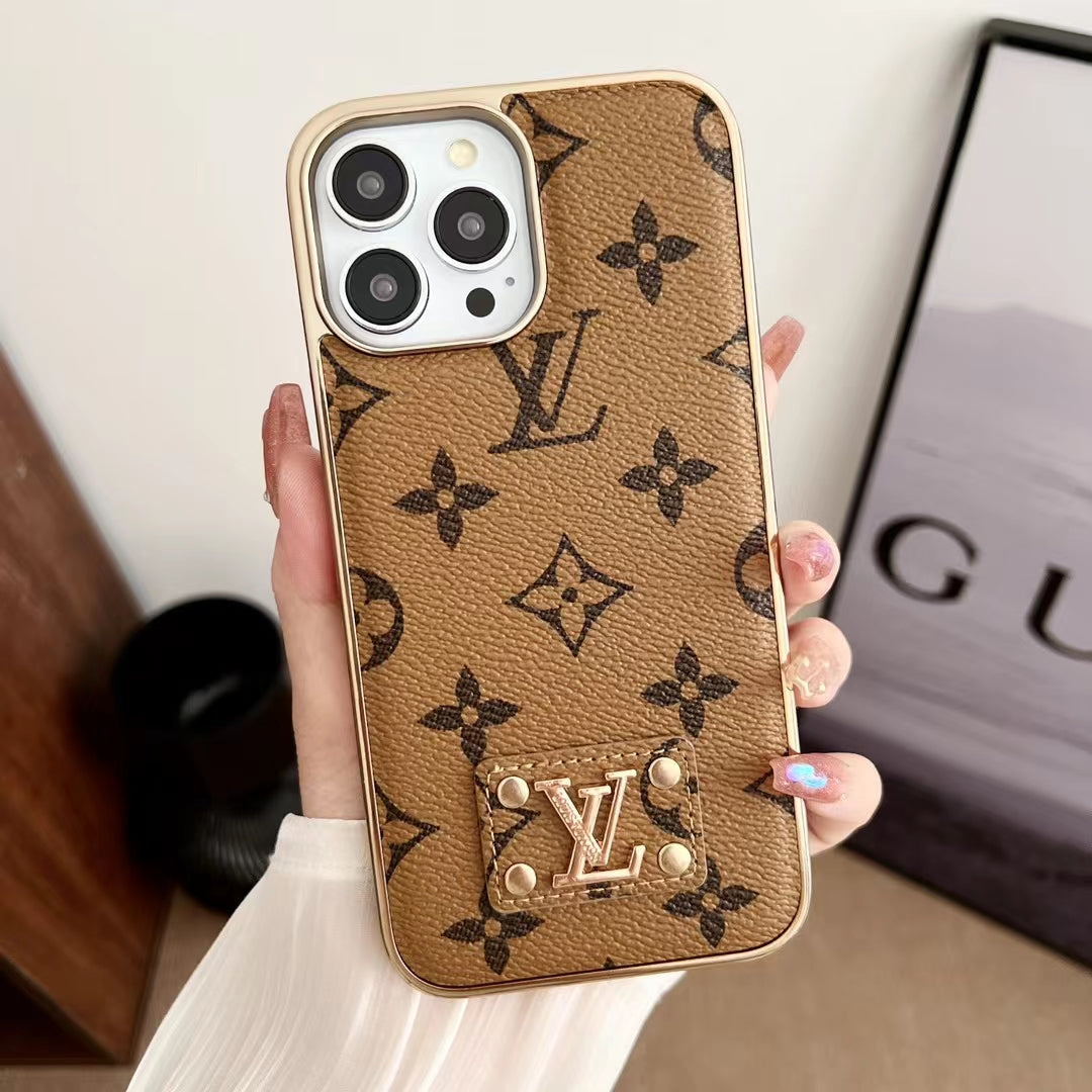 Latte electroplated iPhone case showing the light leather finish and protective rear cover