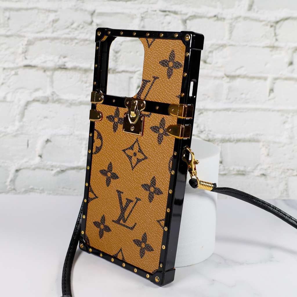 Latte designer trunk iPhone case showing the light patterned finish and protective frame
