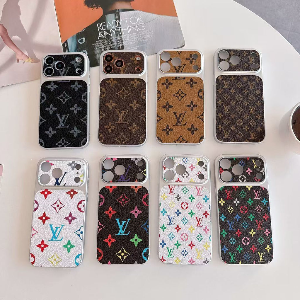 Multicolor monogram LV-style iPhone case showing the colorful patterned back and camera opening