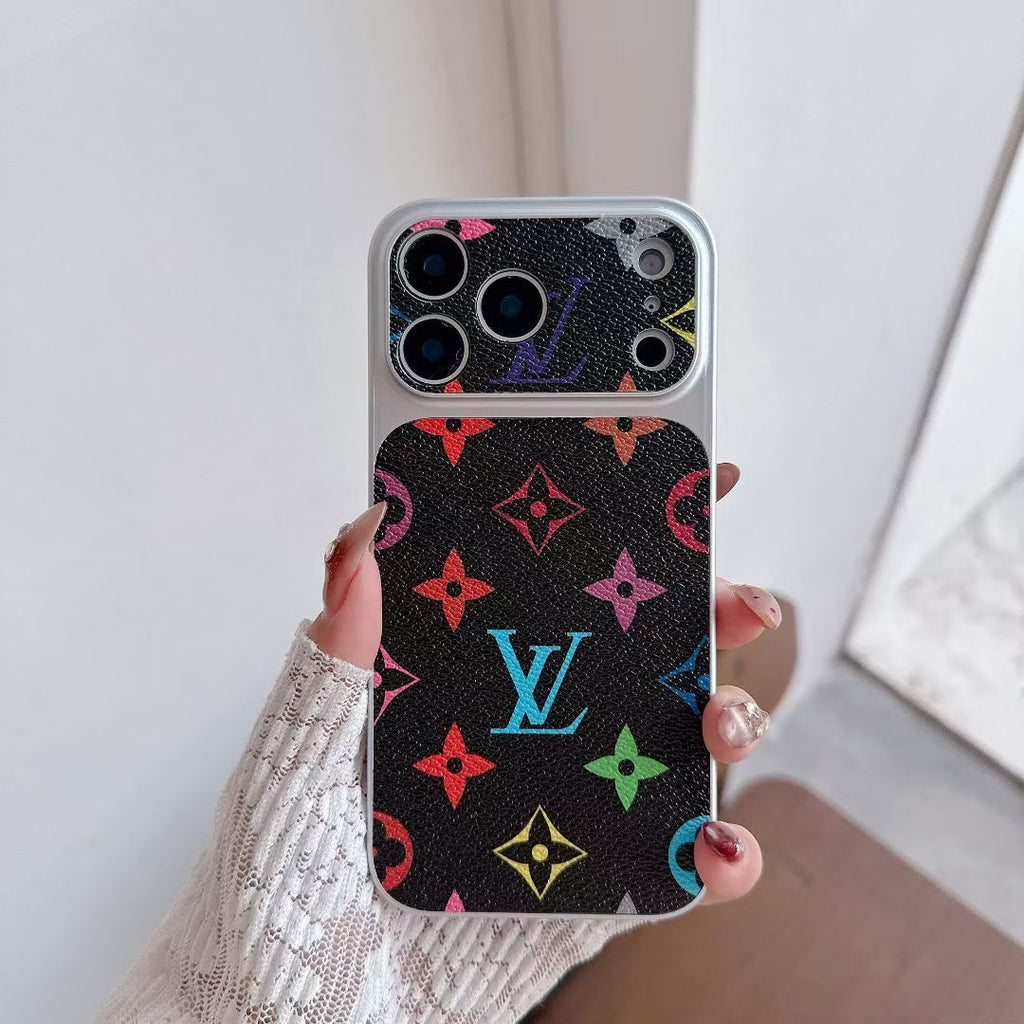 Multicolor monogram LV-style iPhone case showing the complete vibrant protective cover