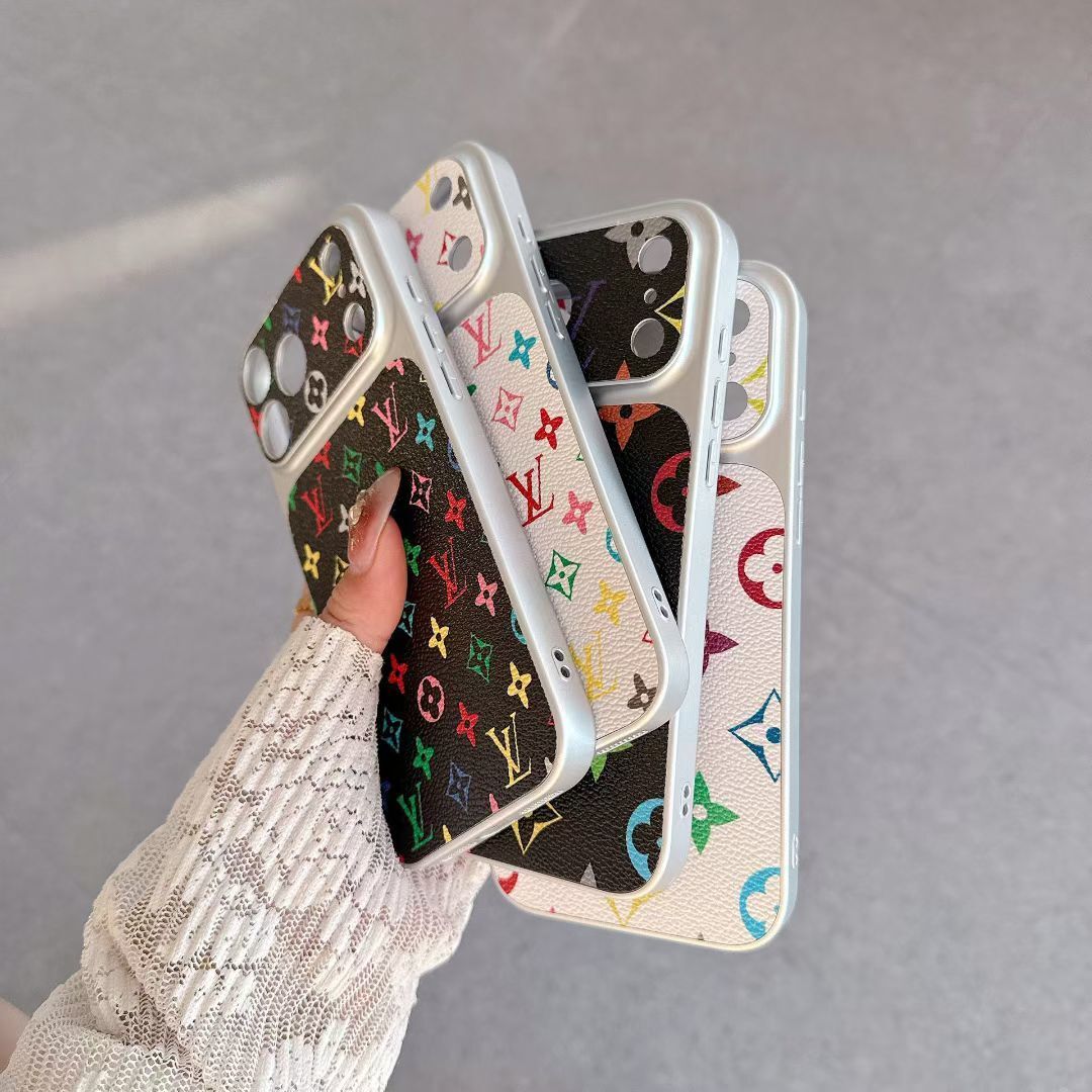 Multicolor monogram LV-style iPhone case close-up highlighting the bright pattern and texture