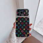 Multicolor monogram LV-style iPhone case showing the full protective back and camera cutout