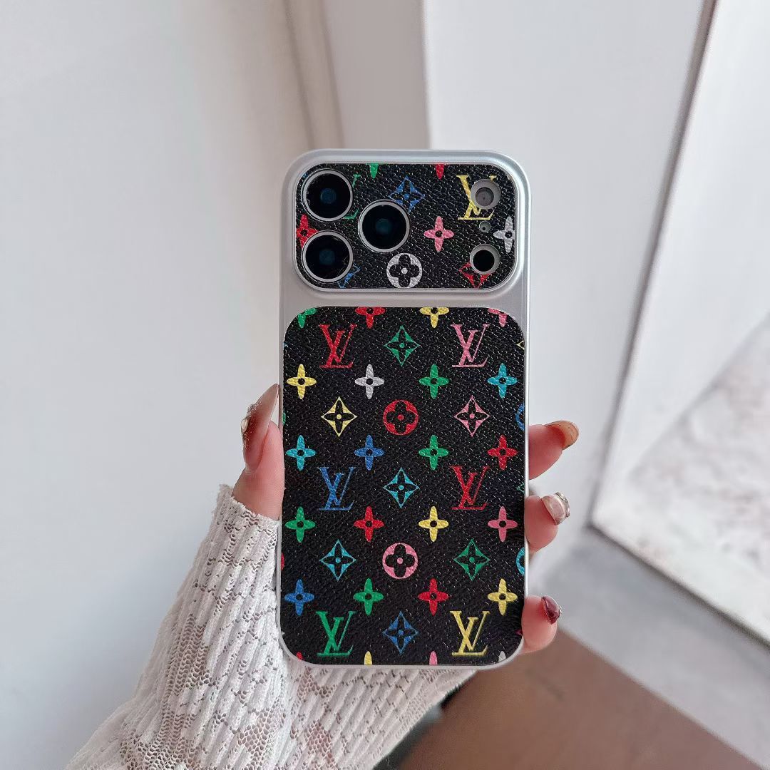 Multicolor monogram LV-style iPhone case showing the full protective back and camera cutout