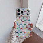 Multicolor monogram LV-style iPhone case showing the decorative rear pattern and slim edges