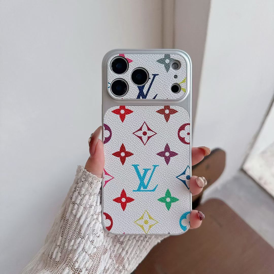 Multicolor monogram LV-style iPhone case close-up highlighting the material finish and protection
